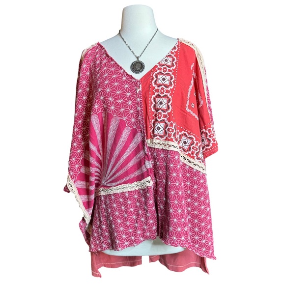 We The Free Tops - Free People We The Free Thunder Road Tee Red Cotton Embroidered Kimono Large